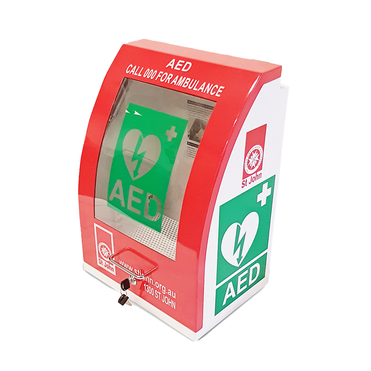 ST JOHN Defibrillator Cabinet Outdoor Curved Red with Alarm #353827