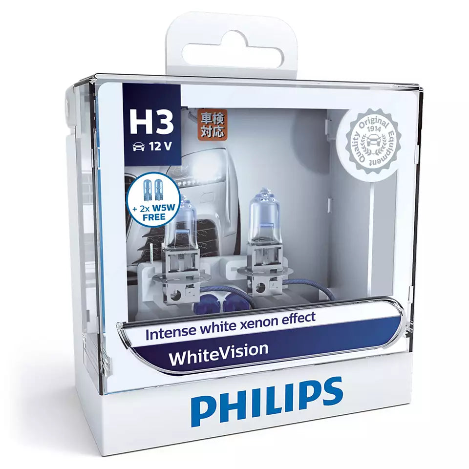 New Philips Globe H3 W5W 3700K 12V 55W Pk22S Twin Pack White Vision (12336Whvsm)