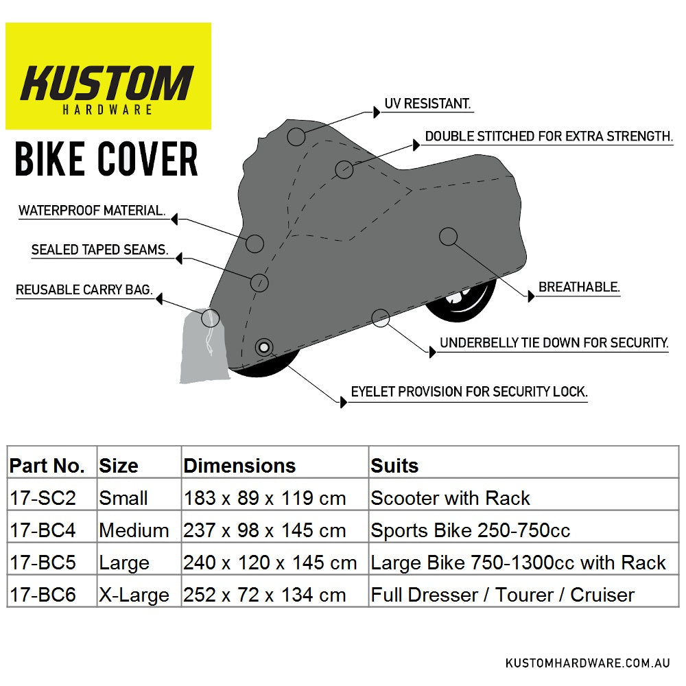 New KUSTOM HARDWARE Bike Cover - Dresser / Tourer / Cruiser 17-BC6 | Australian Moto Spares