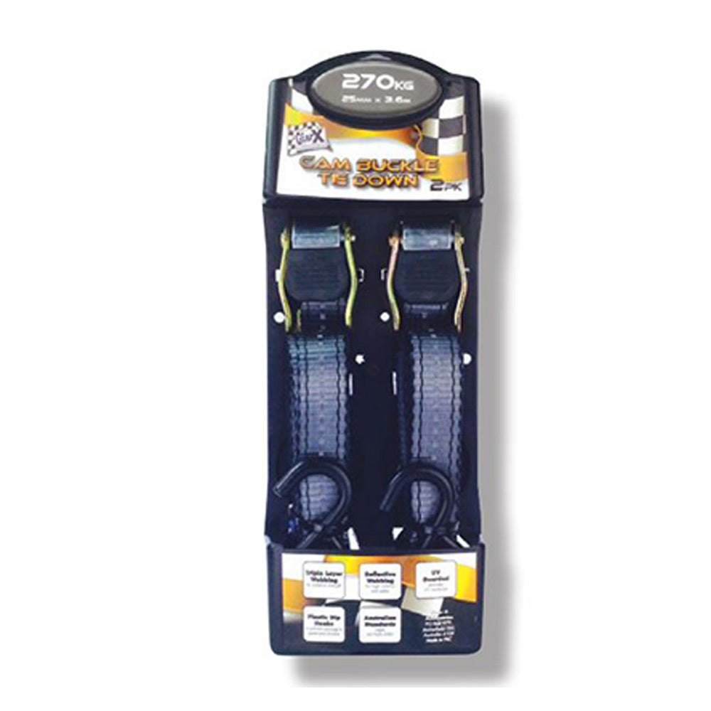 GEAR-X Dark Grey 3.6m Cam Buckle Tie Down Strap Working load 270Kg 2PK GXCB25362