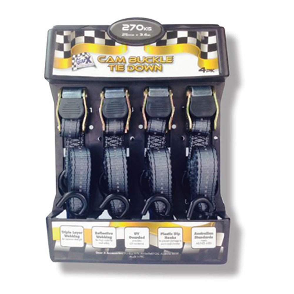GEAR-X Dark Grey 3.6m Cam Buckle Tie Down Strap Working load 270Kg 4PK GXCB25364