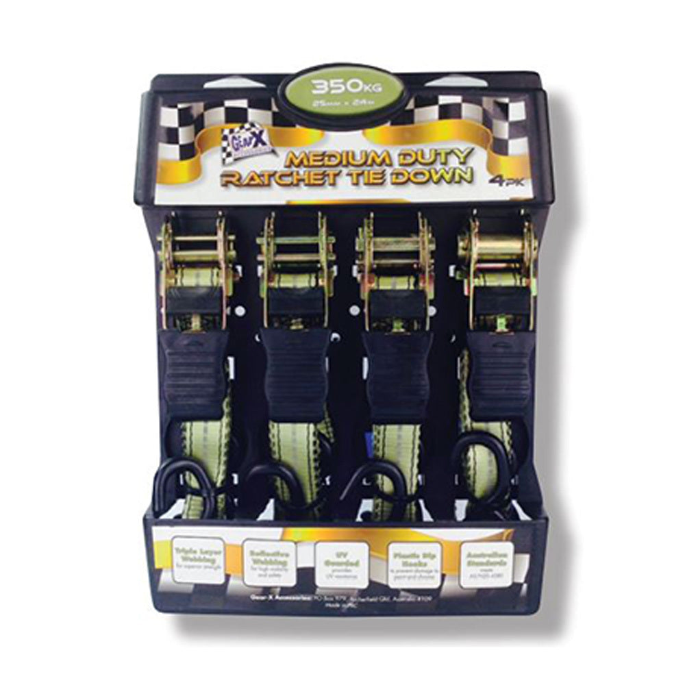 GEAR-X Light Duty 2.4m Ratchet Tie Down Strap Working Load 350Kg 4PK GXRTD25244