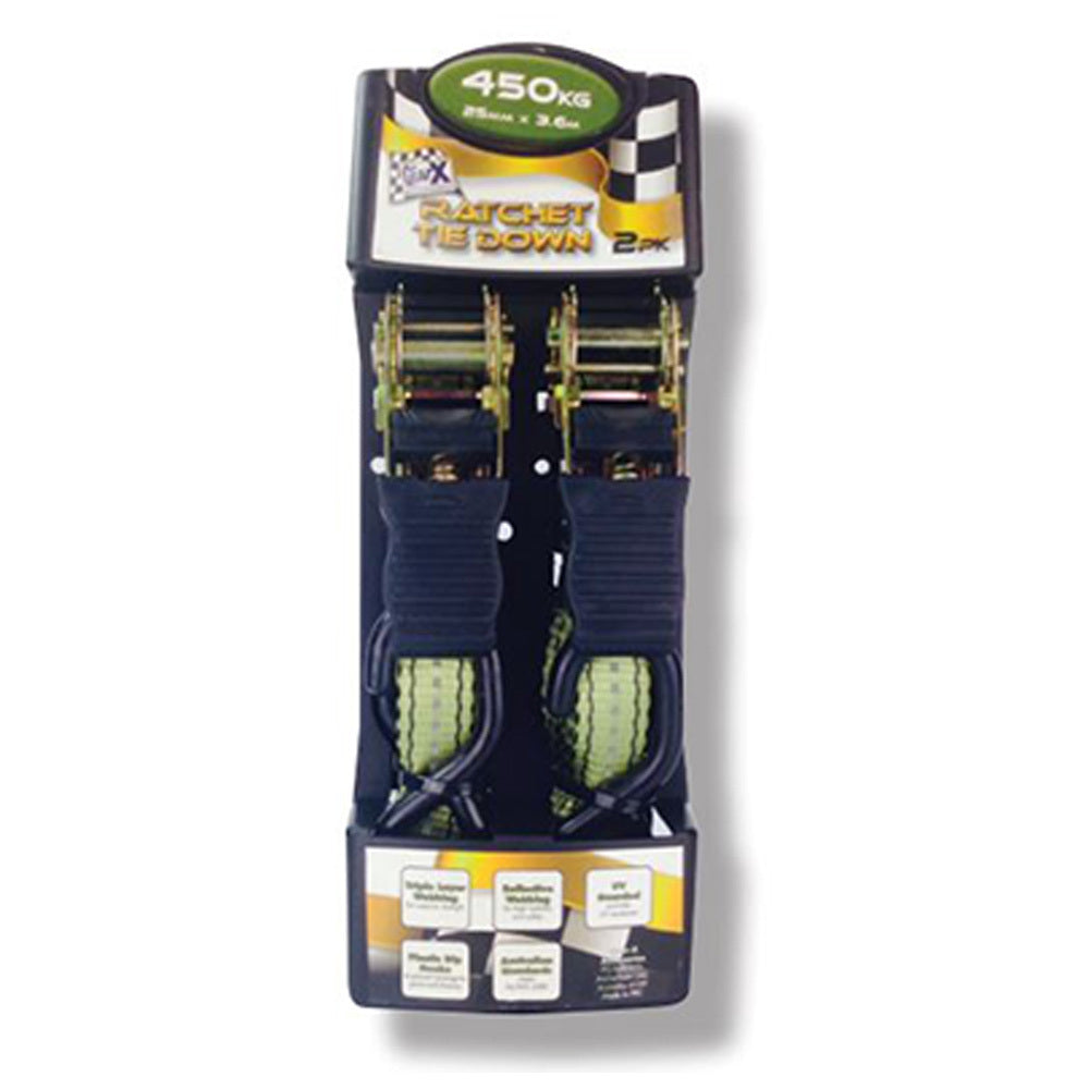 GEAR-X Medium Duty 3.6m Ratchet Tie Down Working Load - 450Kg 2 Pack GXRTD25362