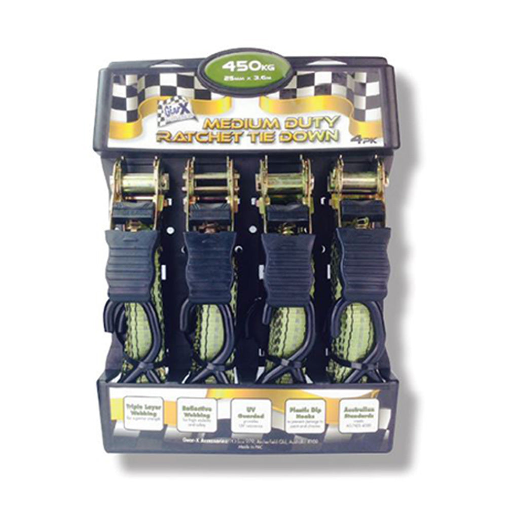 GEAR-X Medium Duty 3.6m Ratchet Tie Down Working Load - 450Kg 4 Pack GXRTD25364