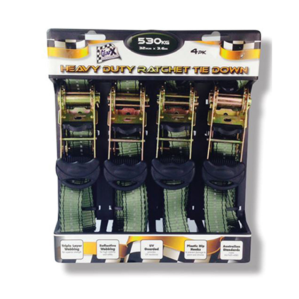 GEAR-X Heavy Duty 3.6m Ratchet Tie Down Strap Working Load 530Kg 4PK GXRTD32364