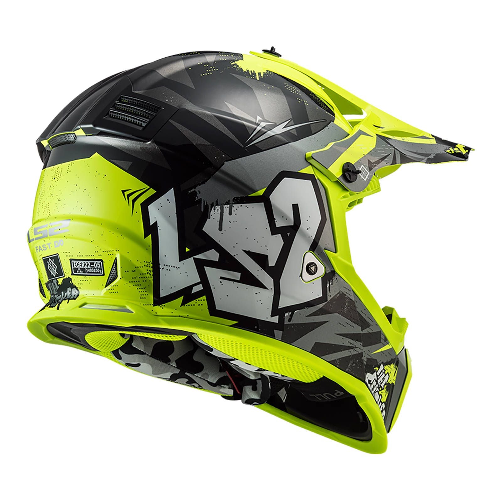LS2 MX437J Fast EVO Crusher Mini Helmet - Black / Grey / Hi-Vis (Youth M)