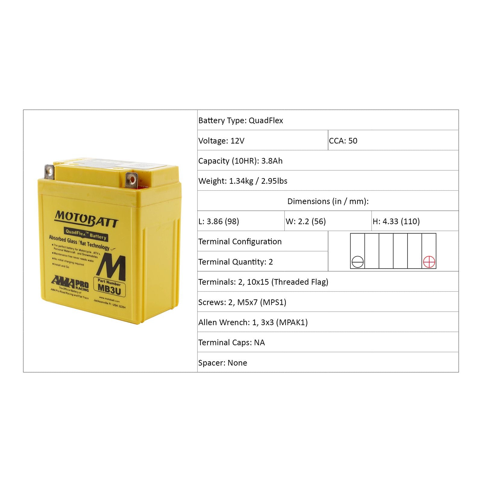 New MOTOBATT Quadflex AGM Battery #MB3U