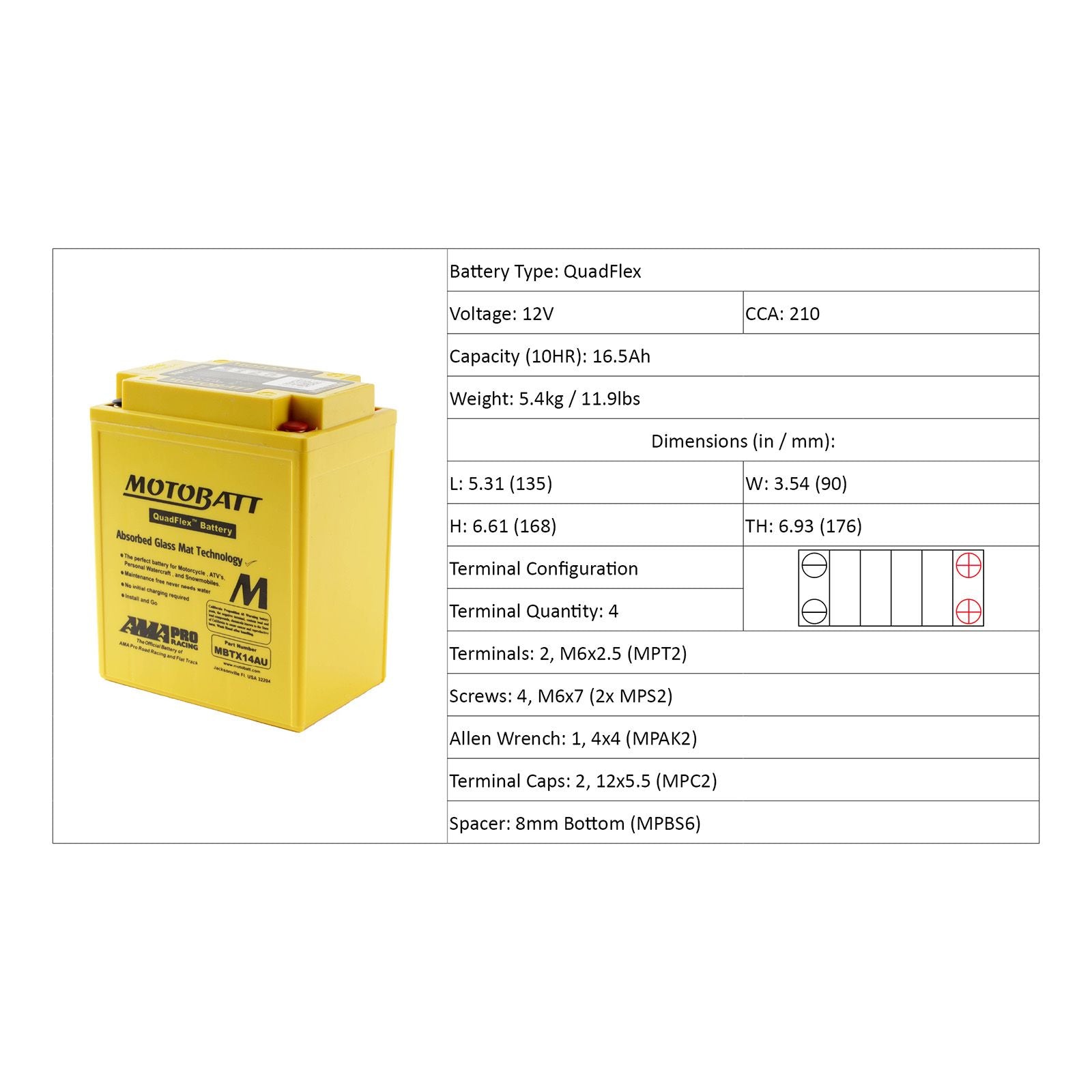 New MOTOBATT Quadflex AGM Battery #MBTX14AU