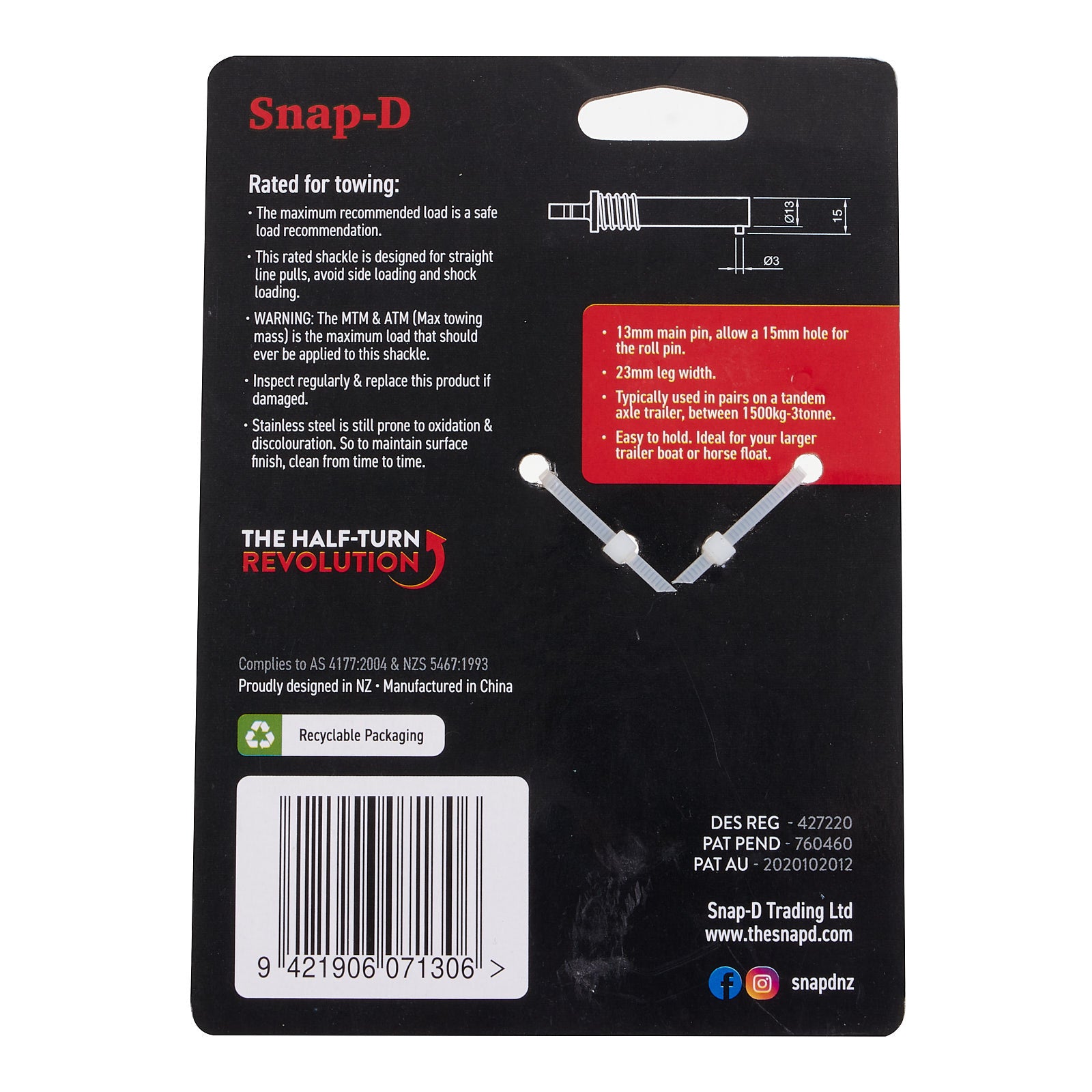 New SNAP-D Stainless Steel Bow Shackle - 13mm #SD13BSS