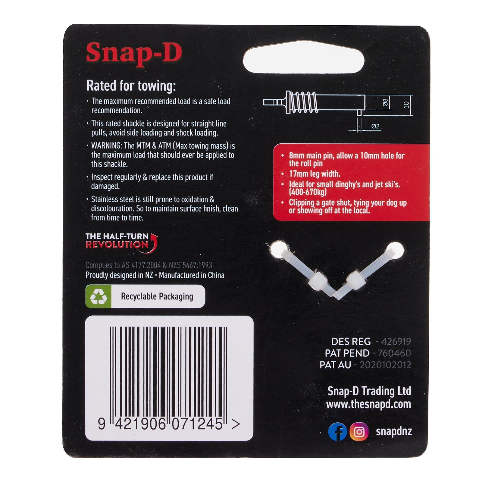 New SNAP-D Stainless Steel D-Shackle - 8mm #SD8DSS