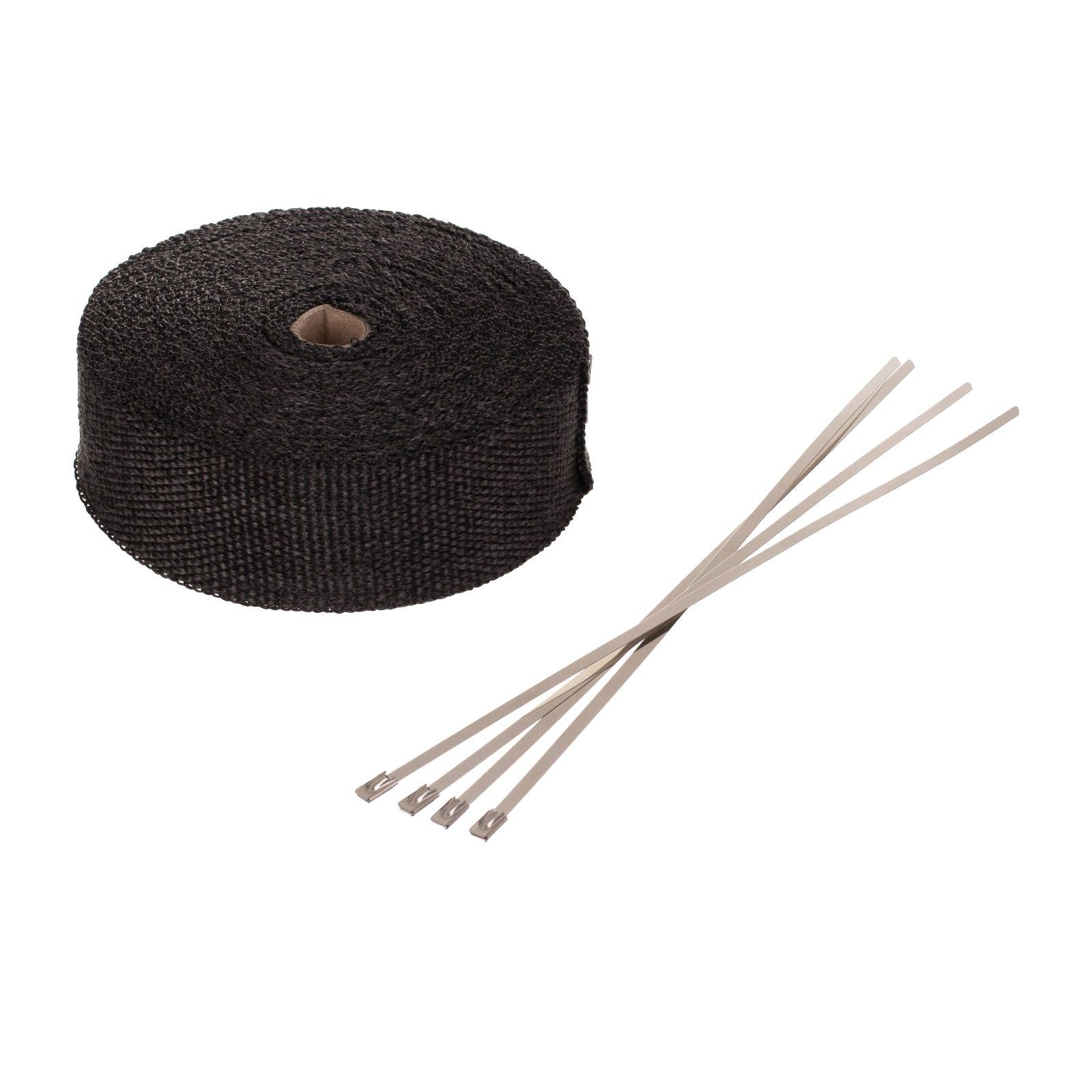 New WHITES Exhaust Wrap Black 50mm (15M Roll) - With 4 S/S Ties #WPEXWB15